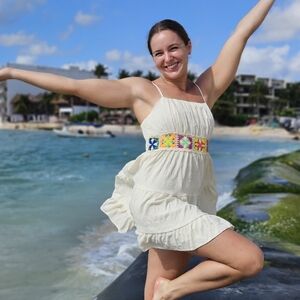 Quilted Cream Colored Mini Vacation Dress, Spaghetti Strap, Size M